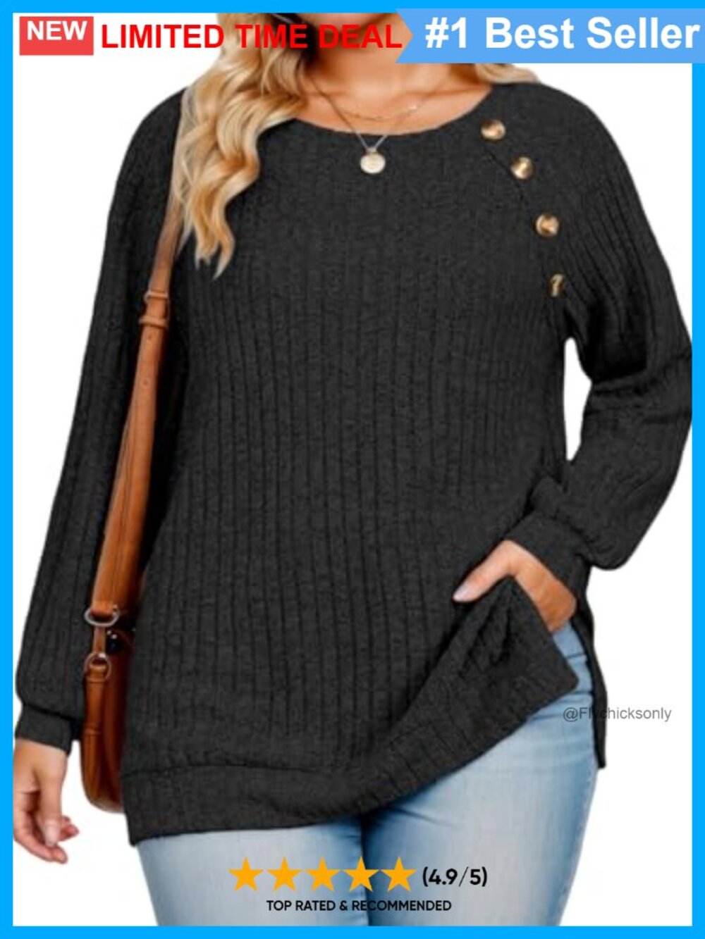 Plus Size Long Sleeve Tunic Top Striped Ribbed Knit Crewneck Button Decor